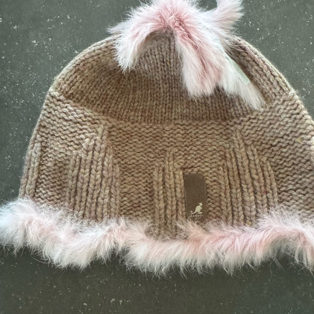 Kangol Brown Knit Hat with Pink Fur Trim new